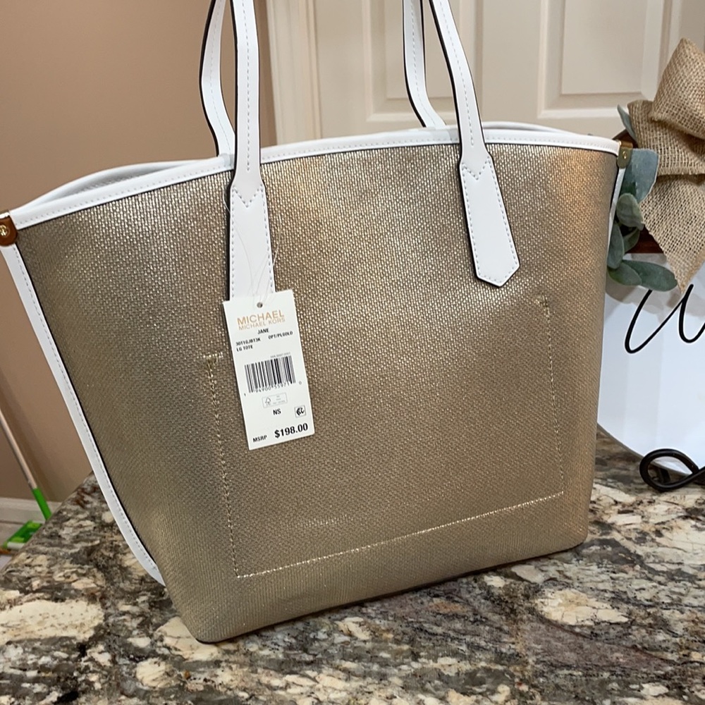 NWT Michael Kors Optic White & Gold Tote - Picture 3 of 6